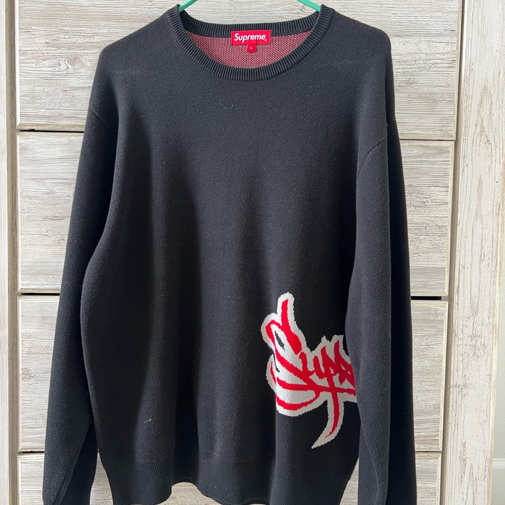 Supreme Black Crewneck Sweater with Red graffiti Design